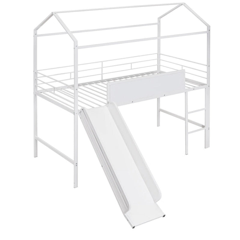 Lit mezzanine en métal de taille double avec toboggan, échelle, tableau d'écriture recto-verso, noir et rouge / noir / blanc, pour 1 personne