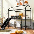 Lit mezzanine en métal de taille double avec toboggan, échelle, tableau d'écriture recto-verso, noir et rouge / noir / blanc, pour 1 personne