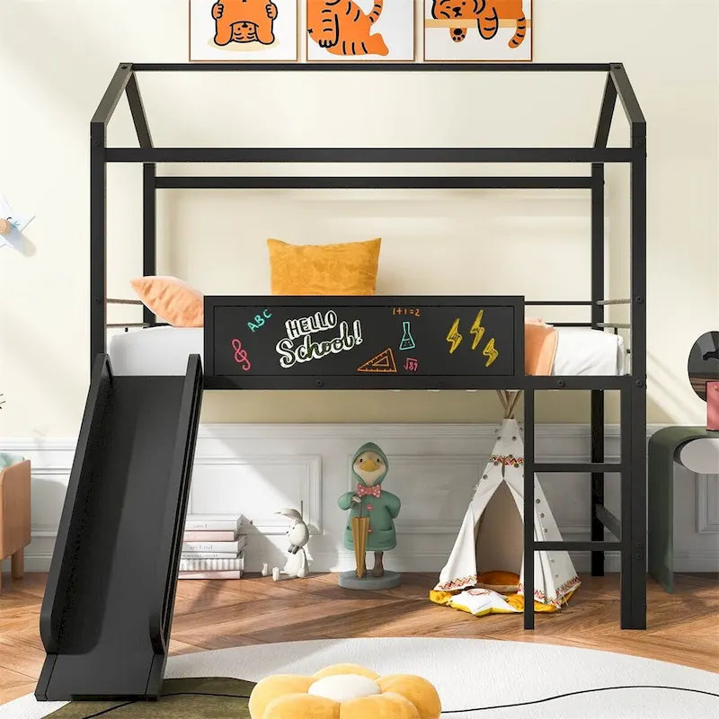 Lit mezzanine en métal de taille double avec toboggan, échelle, tableau d'écriture recto-verso, noir et rouge / noir / blanc, pour 1 personne