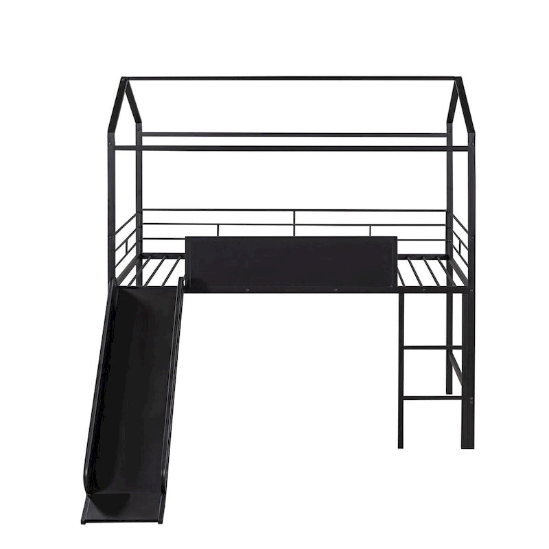 Lit mezzanine en métal de taille double avec toboggan, échelle, tableau d'écriture recto-verso, noir et rouge / noir / blanc, pour 1 personne