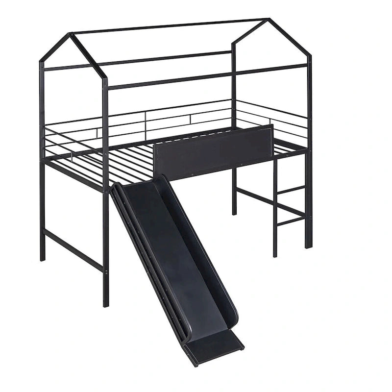 Lit mezzanine en métal de taille double avec toboggan, échelle, tableau d'écriture recto-verso, noir et rouge / noir / blanc, pour 1 personne
