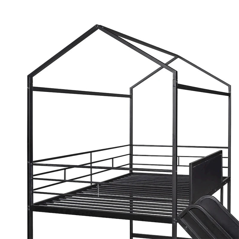 Lit mezzanine en métal de taille double avec toboggan, échelle, tableau d'écriture recto-verso, noir et rouge / noir / blanc, pour 1 personne