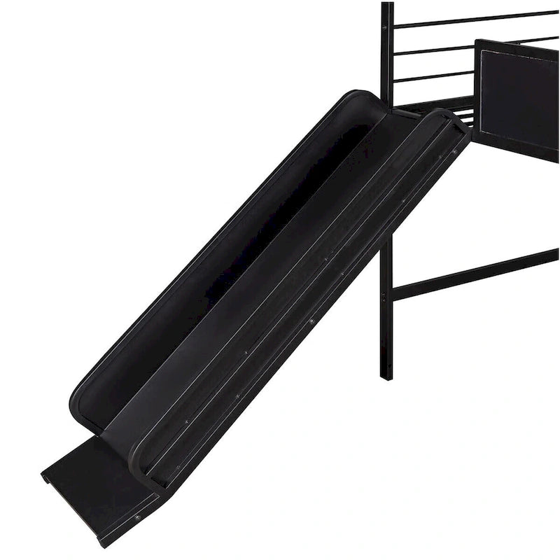 Lit mezzanine en métal de taille double avec toboggan, échelle, tableau d'écriture recto-verso, noir et rouge / noir / blanc, pour 1 personne