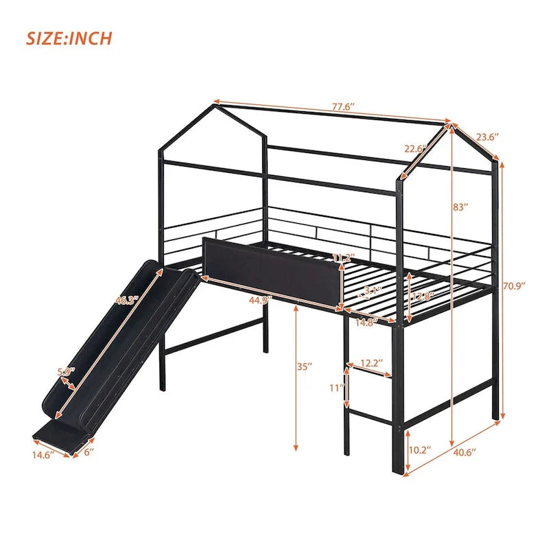 Lit mezzanine en métal de taille double avec toboggan, échelle, tableau d'écriture recto-verso, noir et rouge / noir / blanc, pour 1 personne