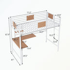 Lit mezzanine en métal pour une personne, avec bureau et étagères intégrés, échelle à 4 marches, garde-corps pleine longueur, 20 lattes métalliques, noir/blanc, utilisation par 1 personne