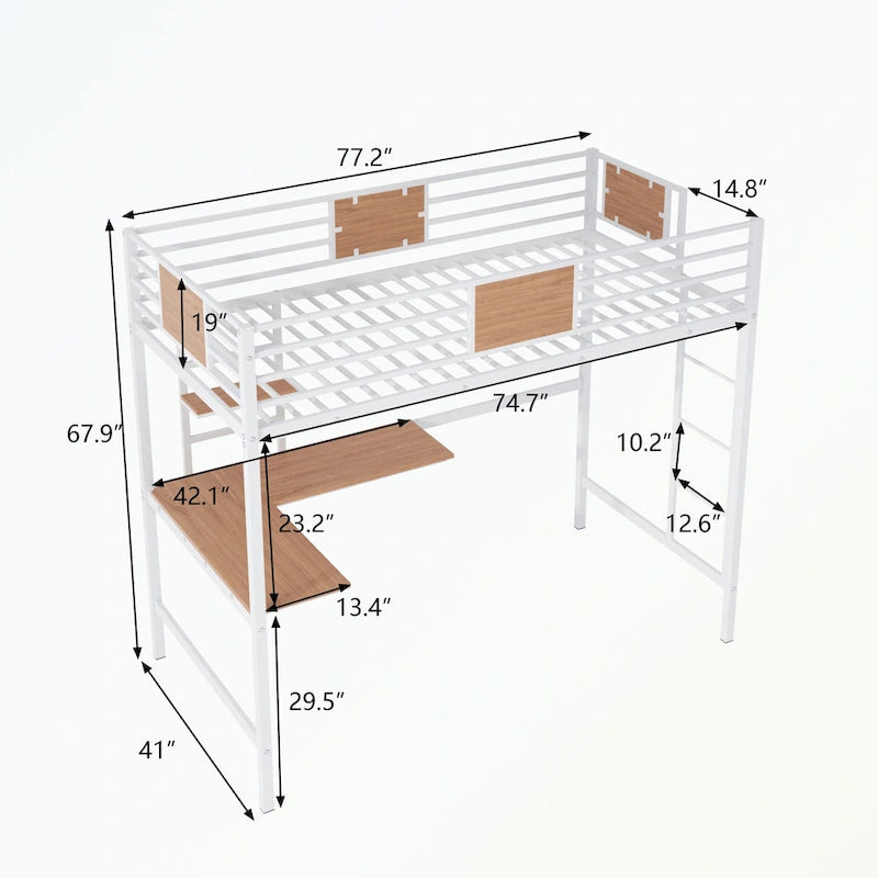 Lit mezzanine en métal pour une personne, avec bureau et étagères intégrés, échelle à 4 marches, garde-corps pleine longueur, 20 lattes métalliques, noir/blanc, utilisation par 1 personne