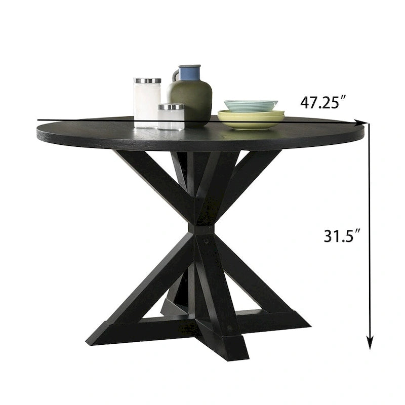 Table à manger carrée de 48 pouces, piètement en X, plateau en placage de chêne, base en bois d'hévéa massif, noir, 4 personnes