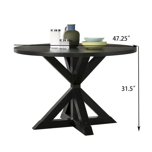 Table à manger carrée de 48 pouces, piètement en X, plateau en placage de chêne, base en bois d'hévéa massif, noir, 4 personnes
