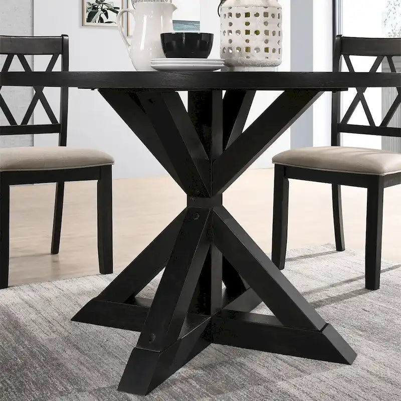 Table à manger carrée de 48 pouces, piètement en X, plateau en placage de chêne, base en bois d'hévéa massif, noir, 4 personnes