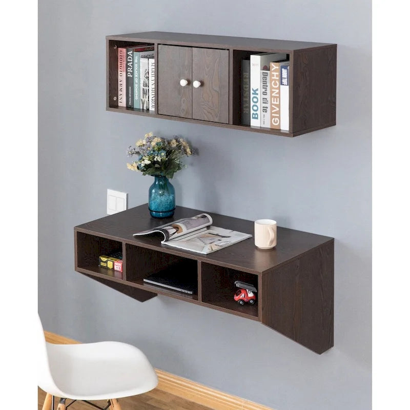 Bureau mural avec armoire, 3 compartiments ouverts, surmeuble optionnel, blanc/marron, pour 1 personne