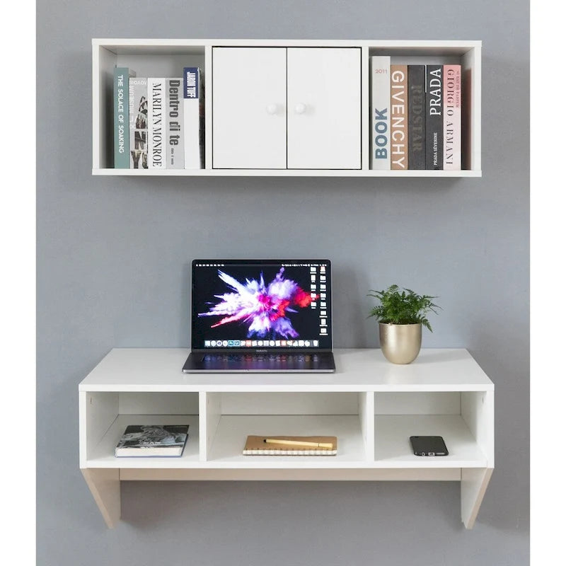 Bureau mural avec armoire, 3 compartiments ouverts, surmeuble optionnel, blanc/marron, pour 1 personne
