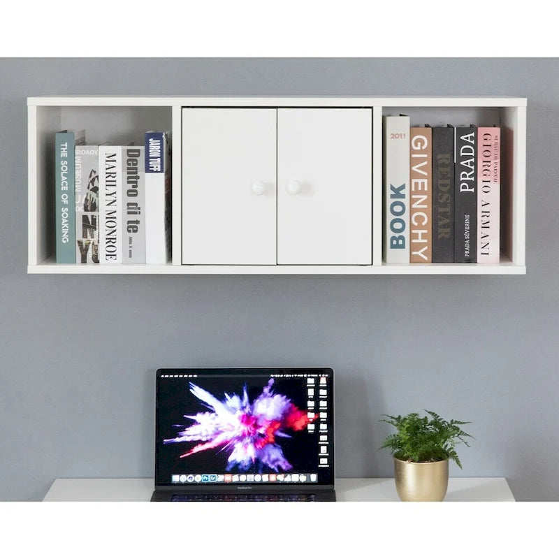 Bureau mural avec armoire, 3 compartiments ouverts, surmeuble optionnel, blanc/marron, pour 1 personne