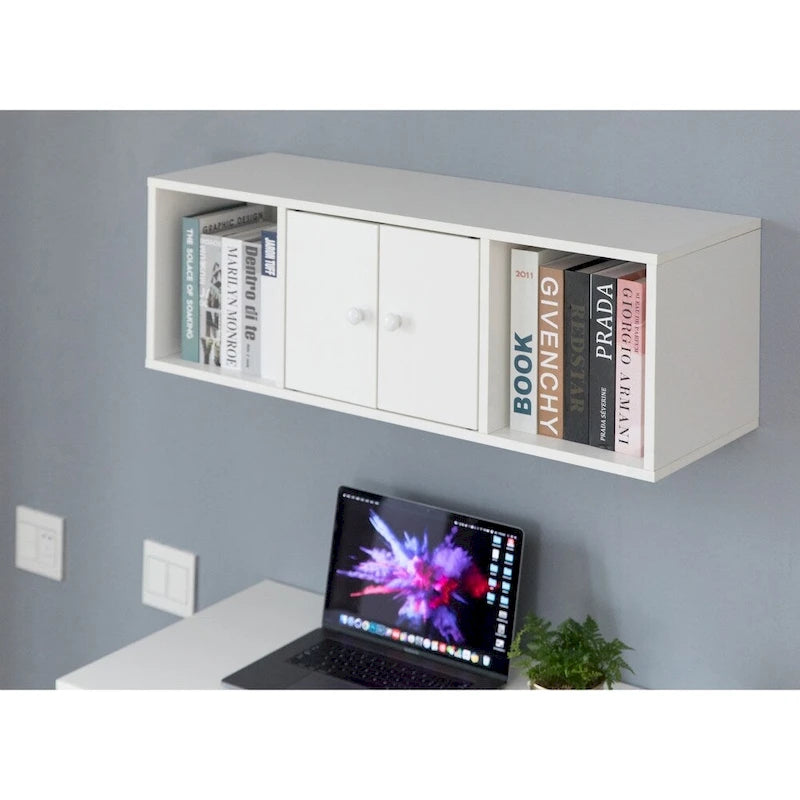Bureau mural avec armoire, 3 compartiments ouverts, surmeuble optionnel, blanc/marron, pour 1 personne