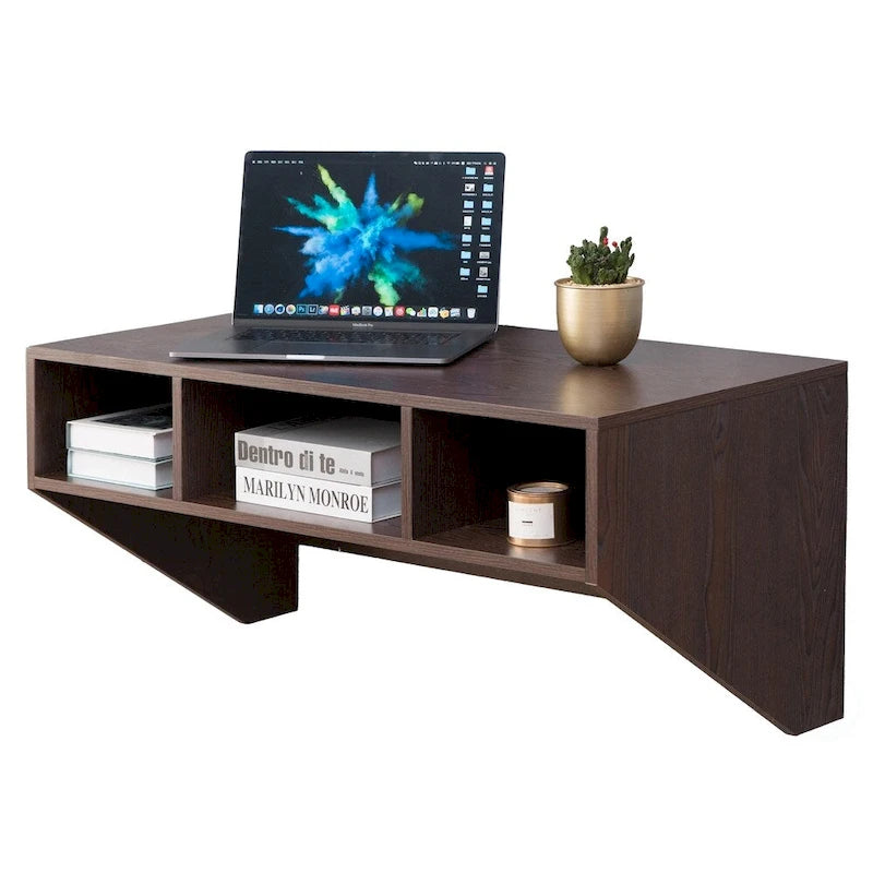 Bureau mural avec armoire, 3 compartiments ouverts, surmeuble optionnel, blanc/marron, pour 1 personne