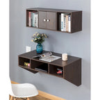 Bureau mural avec armoire, 3 compartiments ouverts, surmeuble optionnel, blanc/marron, pour 1 personne