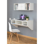 Bureau mural avec armoire, 3 compartiments ouverts, surmeuble optionnel, blanc/marron, pour 1 personne