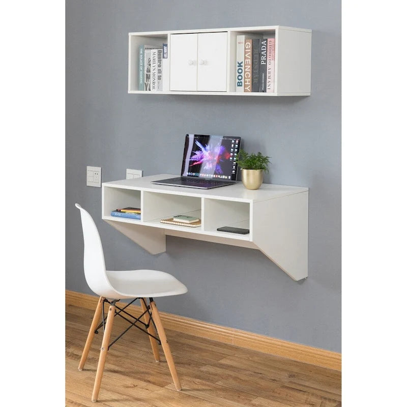 Bureau mural avec armoire, 3 compartiments ouverts, surmeuble optionnel, blanc/marron, pour 1 personne