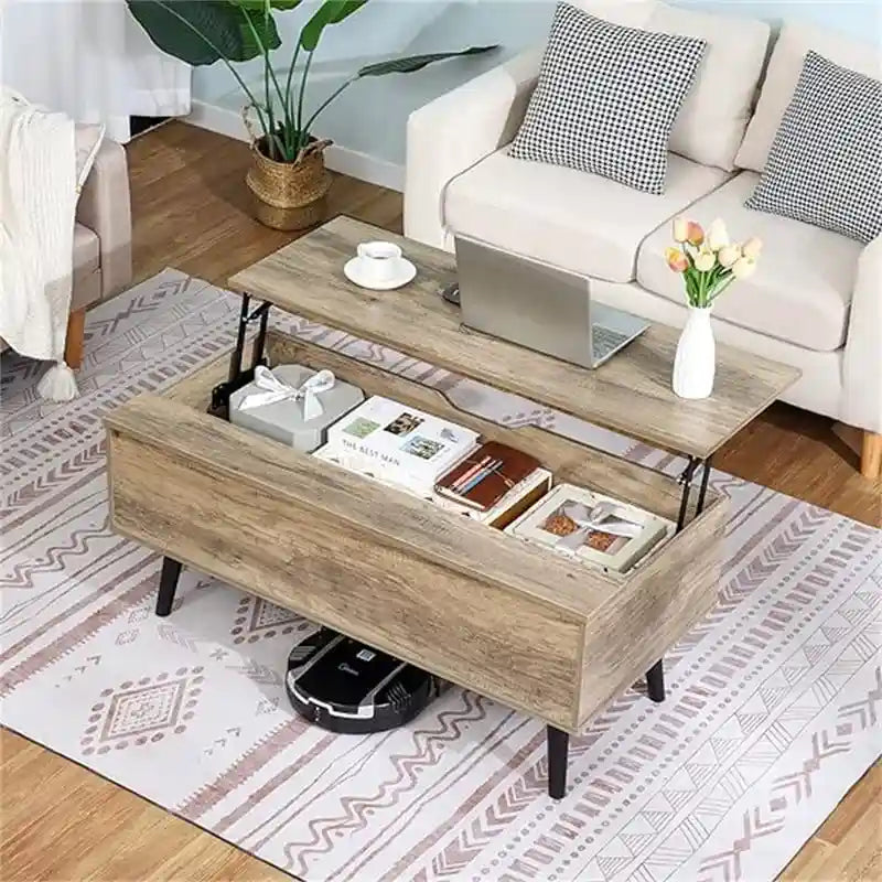 Table basse, style Mid-Century, 1 tiroir, étagère ouverte, gris classique / noir et marron rustique / beige / marron rustique, utilisation 4 personnes