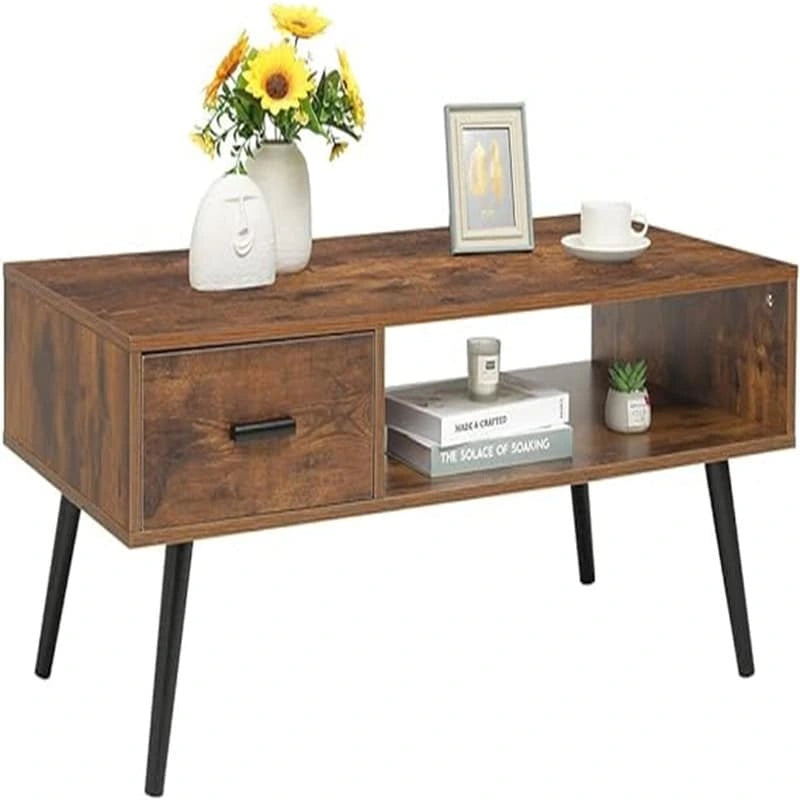 Table basse, style Mid-Century, 1 tiroir, étagère ouverte, gris classique / noir et marron rustique / beige / marron rustique, utilisation 4 personnes