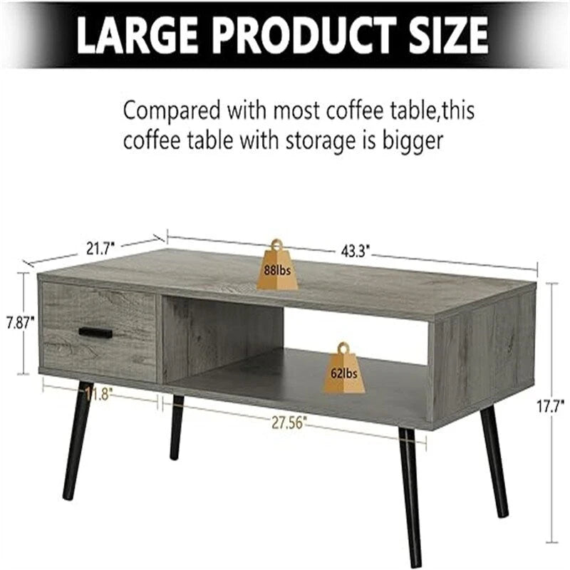 Table basse, style Mid-Century, 1 tiroir, étagère ouverte, gris classique / noir et marron rustique / beige / marron rustique, utilisation 4 personnes