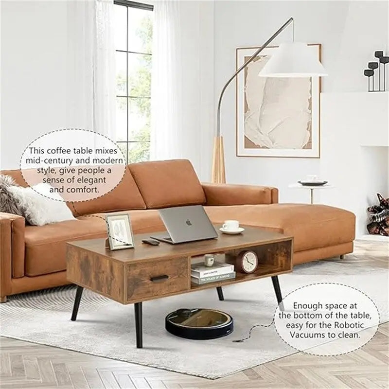 Table basse, style Mid-Century, 1 tiroir, étagère ouverte, gris classique / noir et marron rustique / beige / marron rustique, utilisation 4 personnes