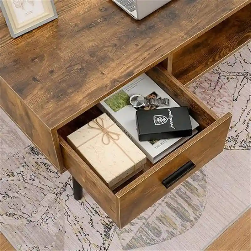Table basse, style Mid-Century, 1 tiroir, étagère ouverte, gris classique / noir et marron rustique / beige / marron rustique, utilisation 4 personnes