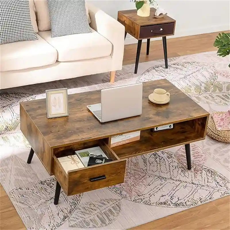 Table basse, style Mid-Century, 1 tiroir, étagère ouverte, gris classique / noir et marron rustique / beige / marron rustique, utilisation 4 personnes