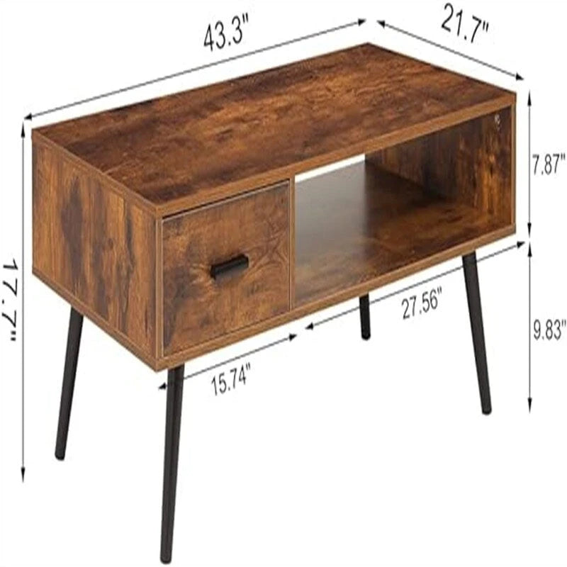 Table basse, style Mid-Century, 1 tiroir, étagère ouverte, gris classique / noir et marron rustique / beige / marron rustique, utilisation 4 personnes