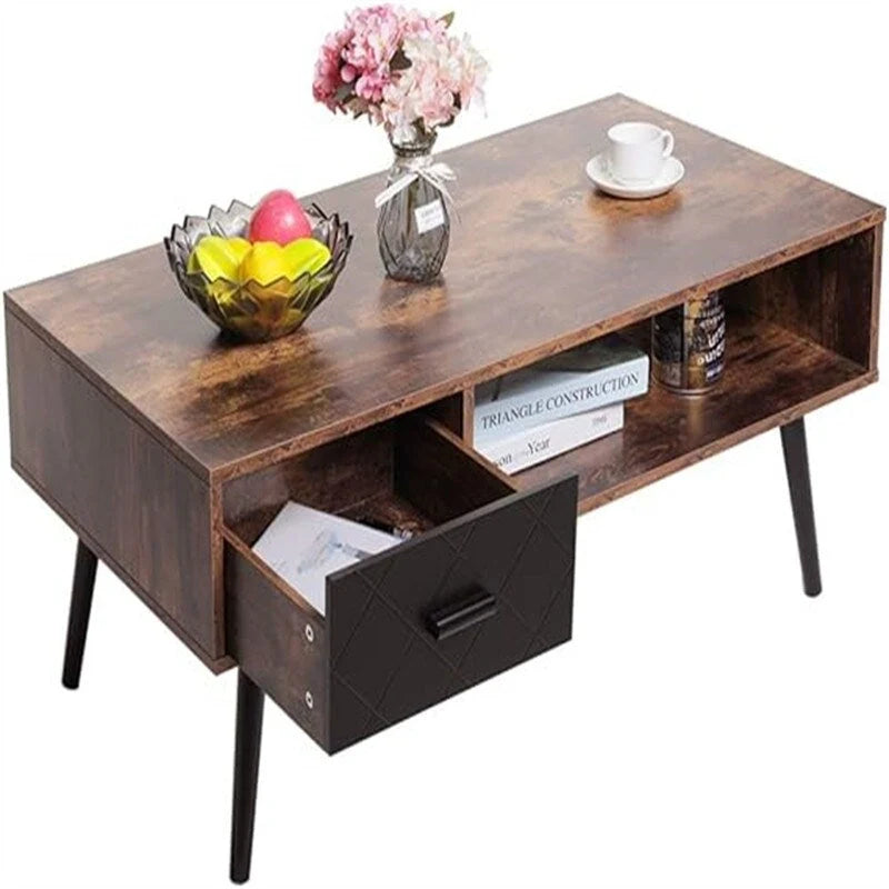Table basse, style Mid-Century, 1 tiroir, étagère ouverte, gris classique / noir et marron rustique / beige / marron rustique, utilisation 4 personnes