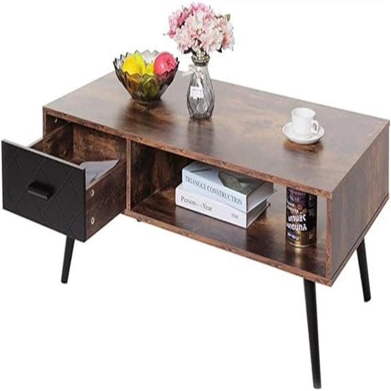 Table basse, style Mid-Century, 1 tiroir, étagère ouverte, gris classique / noir et marron rustique / beige / marron rustique, utilisation 4 personnes