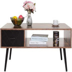 Table basse, style Mid-Century, 1 tiroir, étagère ouverte, gris classique / noir et marron rustique / beige / marron rustique, utilisation 4 personnes
