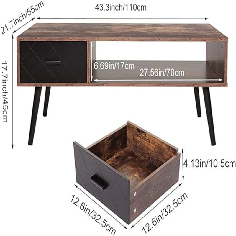Table basse, style Mid-Century, 1 tiroir, étagère ouverte, gris classique / noir et marron rustique / beige / marron rustique, utilisation 4 personnes