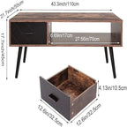Table basse, style Mid-Century, 1 tiroir, étagère ouverte, gris classique / noir et marron rustique / beige / marron rustique, utilisation 4 personnes