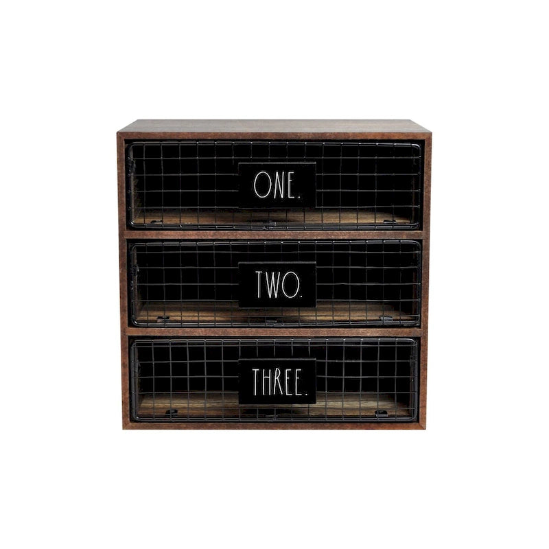 Organiseur de bureau 3 tiroirs, bois, rangement pour lettres et documents, blanc délavé/bois foncé, usage individuel