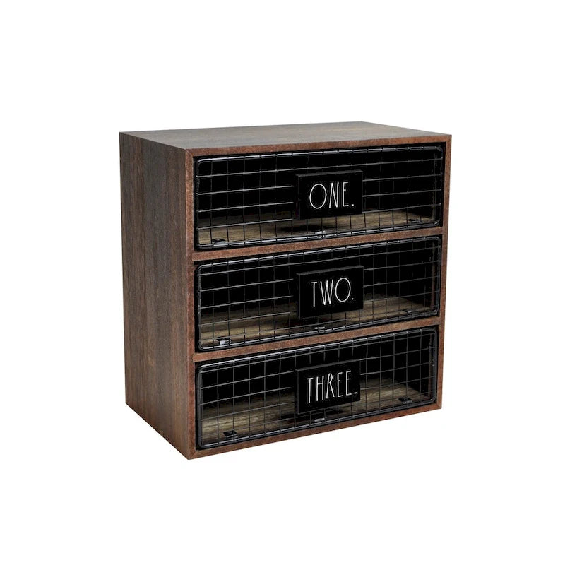 Organiseur de bureau 3 tiroirs, bois, rangement pour lettres et documents, blanc délavé/bois foncé, usage individuel