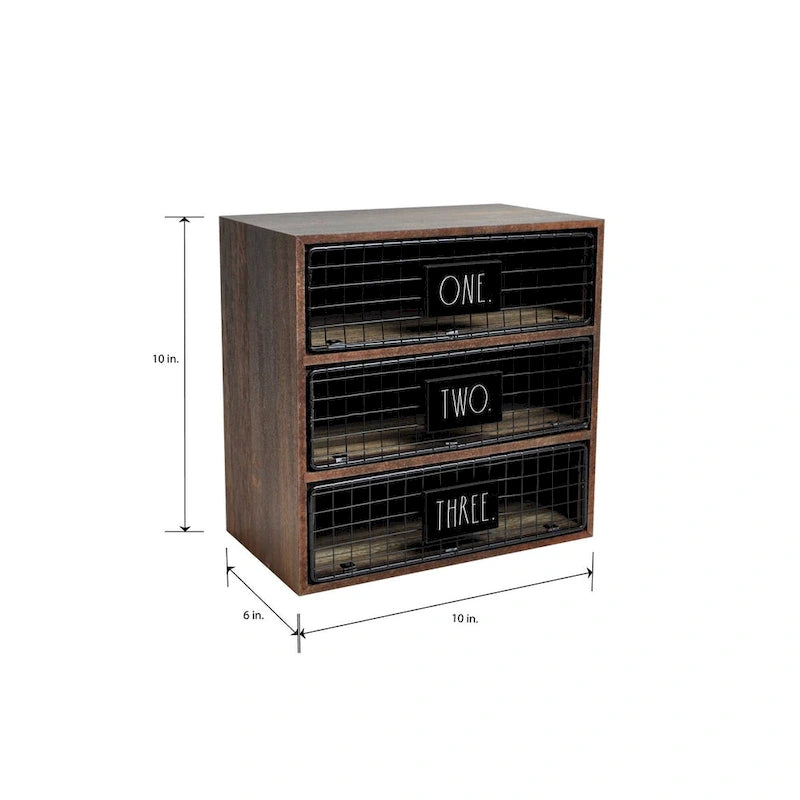Organiseur de bureau 3 tiroirs, bois, rangement pour lettres et documents, blanc délavé/bois foncé, usage individuel