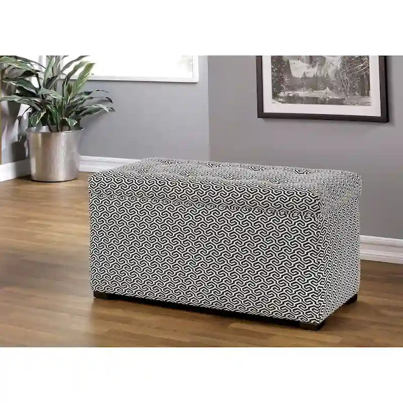 Banc de rangement, capitonné, tissu jacquard, charnière hydraulique, pieds carrés expresso, bleu clair / noir / crème, 1 place