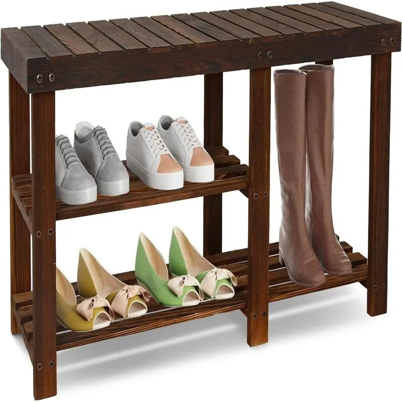 Banc à chaussures 3 niveaux en bambou, siège d'entrée, 4 pieds en bois, style vintage, marron/naturel/blanc/noir, pour 1 personne