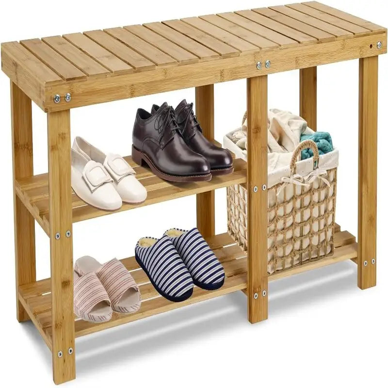 Banc à chaussures 3 niveaux en bambou, siège d'entrée, 4 pieds en bois, style vintage, marron/naturel/blanc/noir, pour 1 personne
