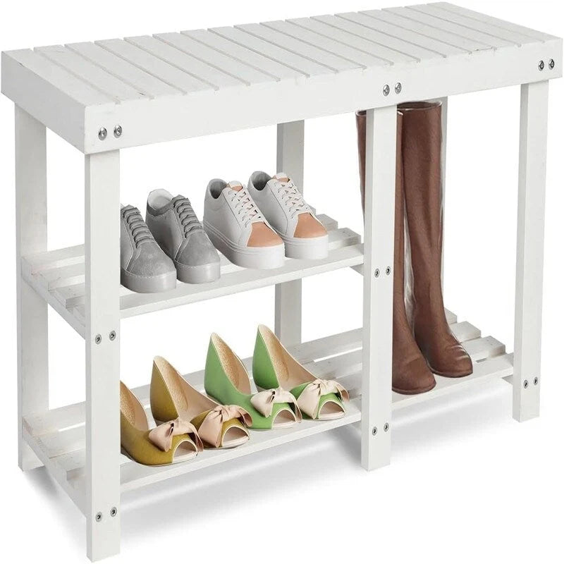 Banc à chaussures 3 niveaux en bambou, siège d'entrée, 4 pieds en bois, style vintage, marron/naturel/blanc/noir, pour 1 personne
