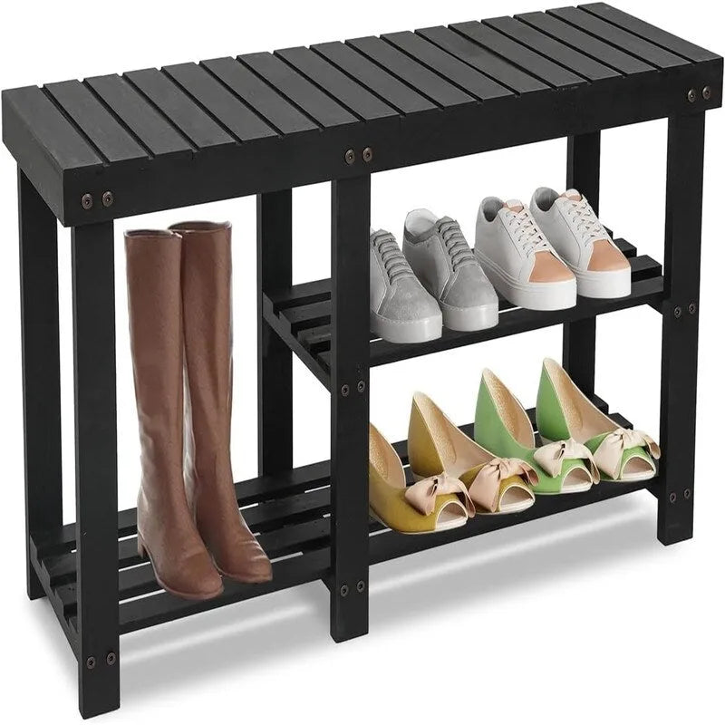 Banc à chaussures 3 niveaux en bambou, siège d'entrée, 4 pieds en bois, style vintage, marron/naturel/blanc/noir, pour 1 personne