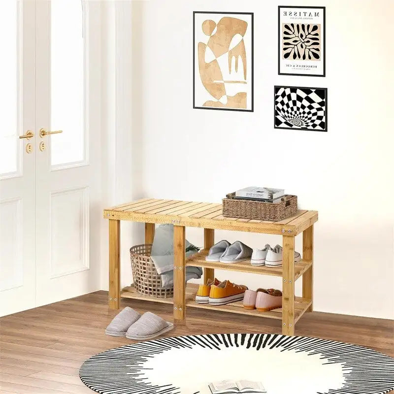 Banc à chaussures 3 niveaux en bambou, siège d'entrée, 4 pieds en bois, style vintage, marron/naturel/blanc/noir, pour 1 personne