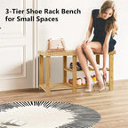 Banc à chaussures 3 niveaux en bambou, siège d'entrée, 4 pieds en bois, style vintage, marron/naturel/blanc/noir, pour 1 personne
