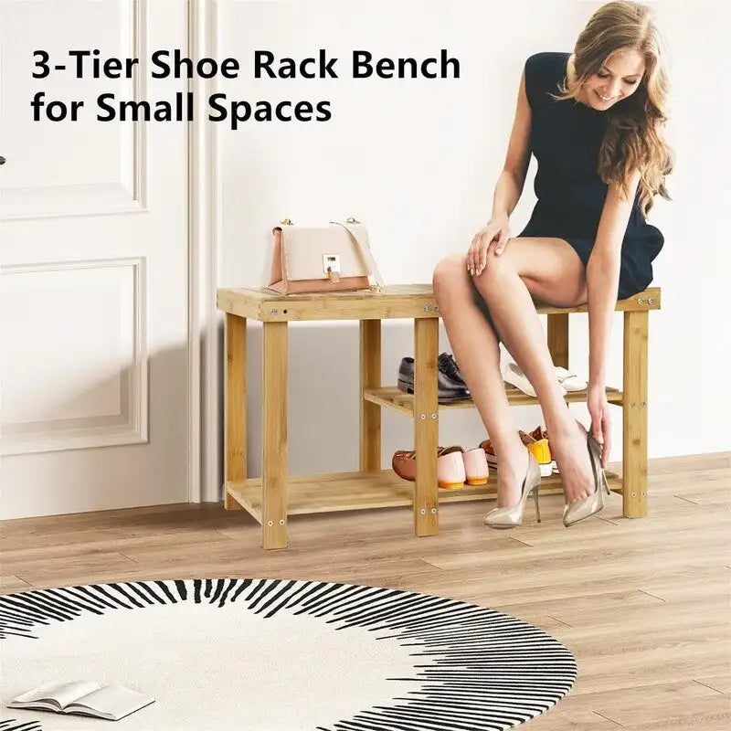 Banc à chaussures 3 niveaux en bambou, siège d'entrée, 4 pieds en bois, style vintage, marron/naturel/blanc/noir, pour 1 personne