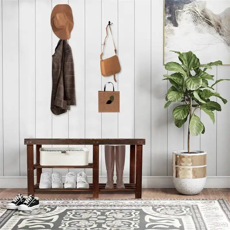 Banc à chaussures 3 niveaux en bambou, siège d'entrée, 4 pieds en bois, style vintage, marron/naturel/blanc/noir, pour 1 personne
