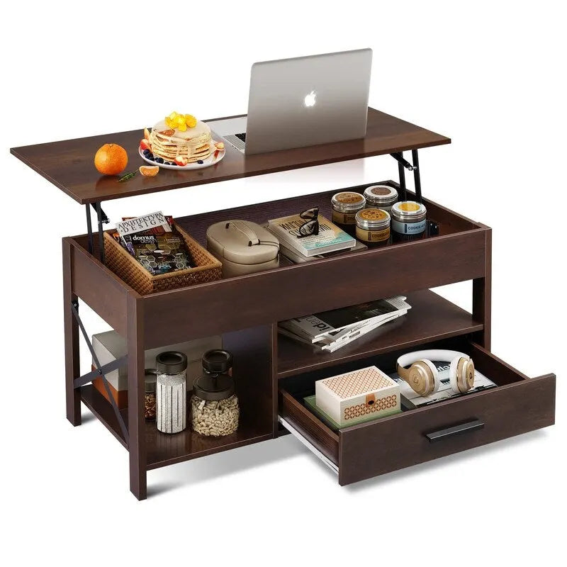 Table basse relevable, compartiments de rangement cachés, plateau en MDF imitation bois, expresso, pour 1 personne