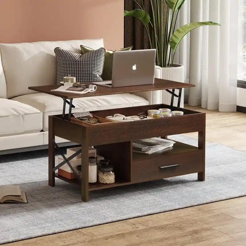 Table basse relevable, compartiments de rangement cachés, plateau en MDF imitation bois, expresso, pour 1 personne