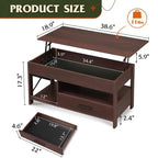 Table basse relevable, compartiments de rangement cachés, plateau en MDF imitation bois, expresso, pour 1 personne