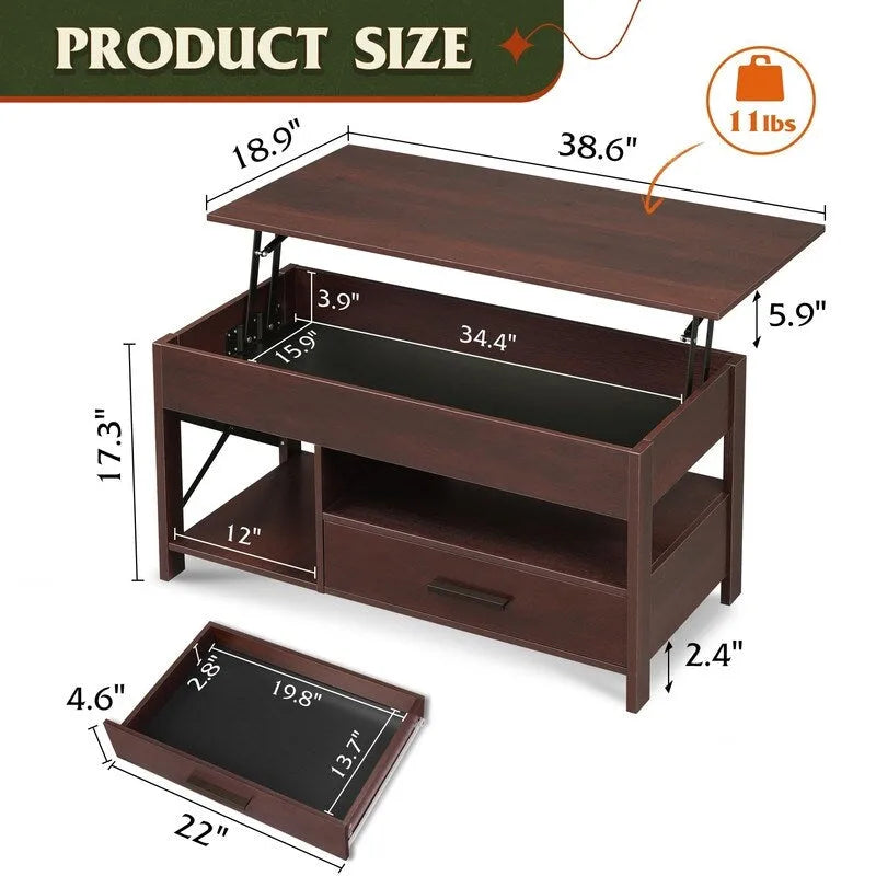 Table basse relevable, compartiments de rangement cachés, plateau en MDF imitation bois, expresso, pour 1 personne