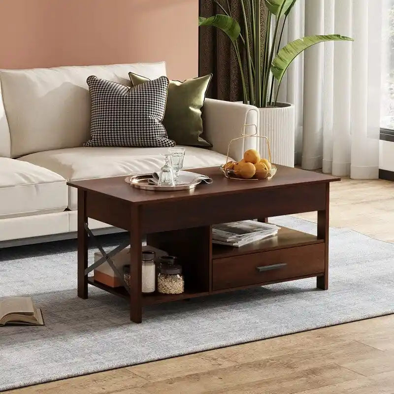 Table basse relevable, compartiments de rangement cachés, plateau en MDF imitation bois, expresso, pour 1 personne